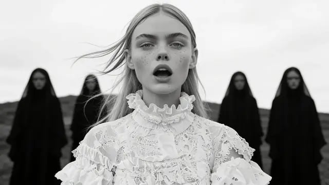 A woman in white lace sings to camera in front of black-veiled mourners on a grey hillside, from Woke Up Dead, a lip-synced dream pop music video by Pastor Fussycat