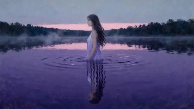A woman in a pale dress stands in a still lavender lake at dawn, from Yeraltından Otlar, a painterly indie folk music video by Eksilerek