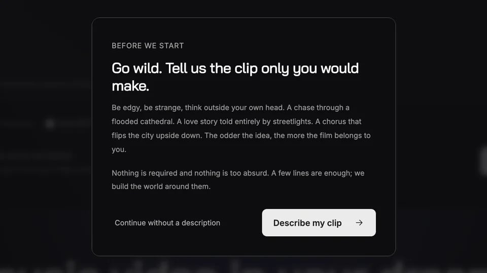 The generator asks for a direction before the storyboard: “Go wild. Tell us the clip only you would make.”, with the option to continue without one