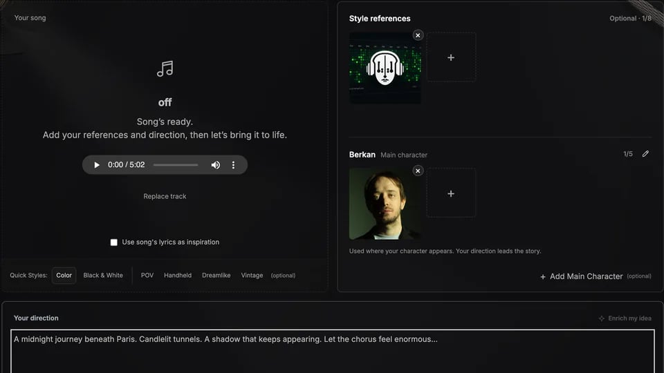 The generator’s first screen: Off uploaded and ready to play, its logo added as a style reference and a portrait of Berkan as the main character