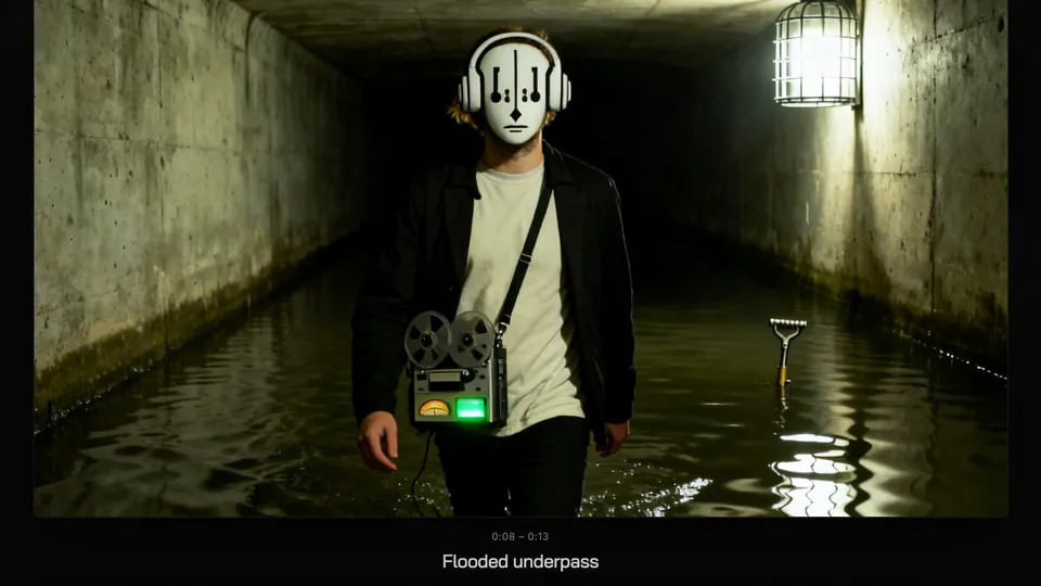 Off’s storyboard open in the scene viewer: scene 04, “Flooded underpass”, 0:08 – 0:13, a full-size still of a masked man wading through a flooded underpass